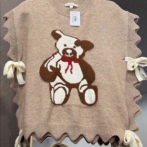 Brown Teddy Bear Knit Sweater Vest with Bow Accents